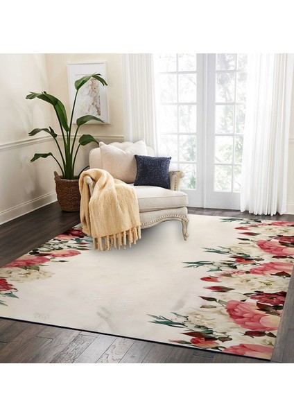 Nesa_Decor Gül Desenli Dekoratif Oturma Odası & Salon Kış Bahçesi Halısı