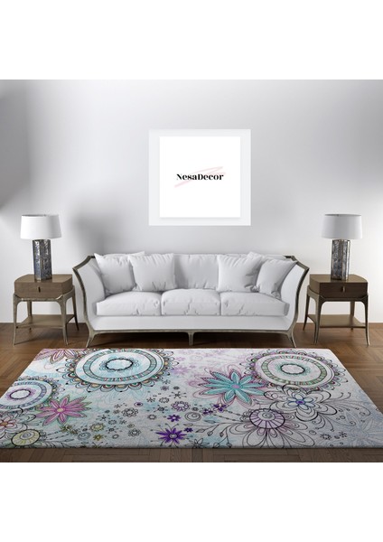 Nesa_Decor Mandala Sanat Renkli Çiçek Desenli Şık Tasarım Salon, Oturma Odası Halısı