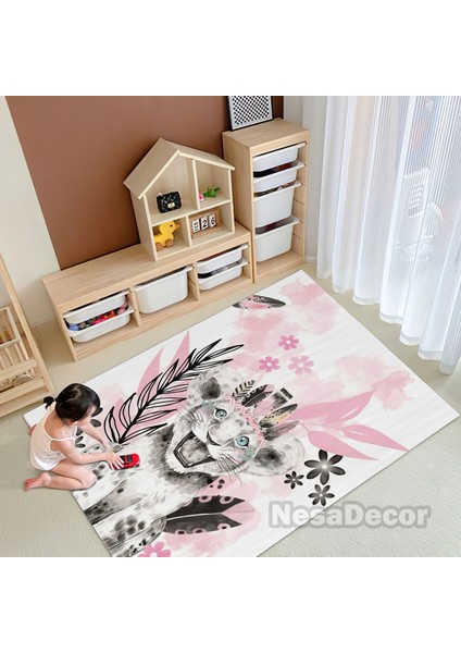 Nesa_Decor Pembe Kaplan Figürlü Çocuk Odası Halısı Dijital Baskı Yıkanabilir Kaymaz Taban fiyatları