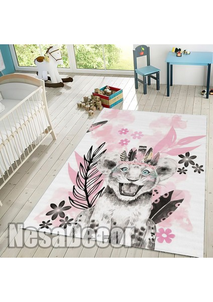 Nesa_Decor Pembe Kaplan Figürlü Çocuk Odası Halısı Dijital Baskı Yıkanabilir Kaymaz Taban fırsatları