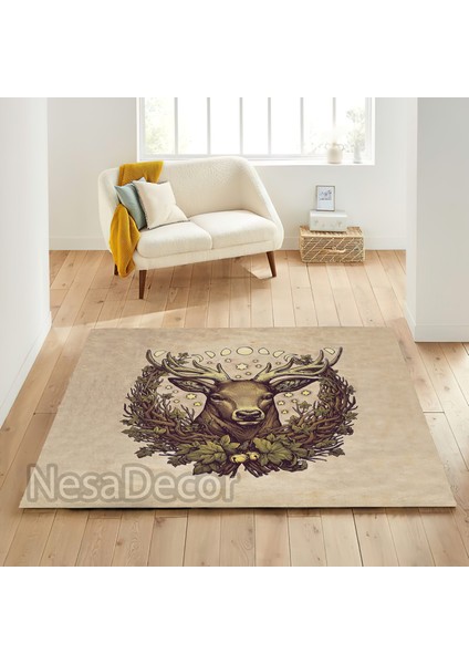 Nesa_Decor Geyik Desenli Hd Dijital Baskı Dokuma Taban Yılbaşı Halısı Yeni Yıl Halısı