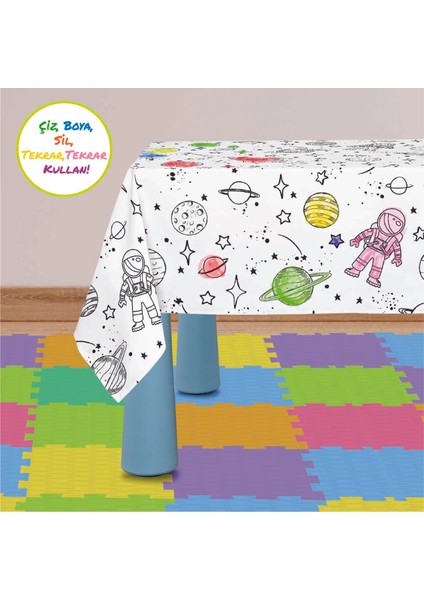 Baby'ness Boyanabilir Silinebilir Masa Örtüsü Elyaf Astarlı Muşamba 100X140cm Pvc Sıvı Geçirmez Leke Tutmaz Uzay Yolu