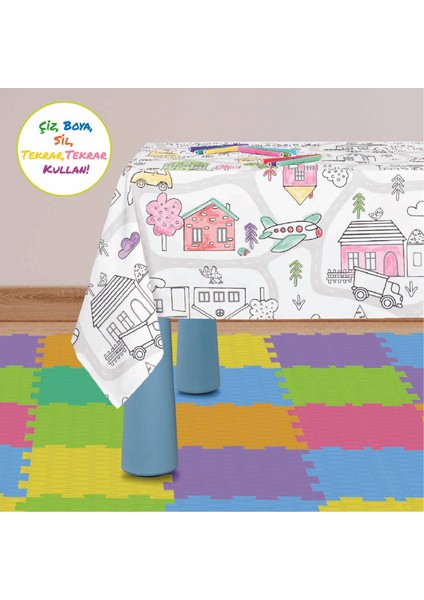 Baby'ness Boyanabilir Silinebilir Masa Örtüsü Elyaf Astarlı Muşamba 100X140cm Pvc Sıvı Geçirmez Leke Tutmaz Fantastik Şehir