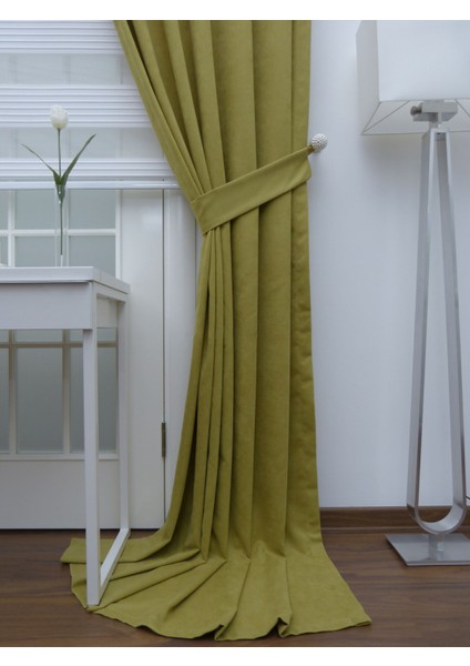 Yağ Yeşili Petek Kadife Dokulu Fon Perde, 1/3 Sık Pile, 50 x 260 cm fiyatları