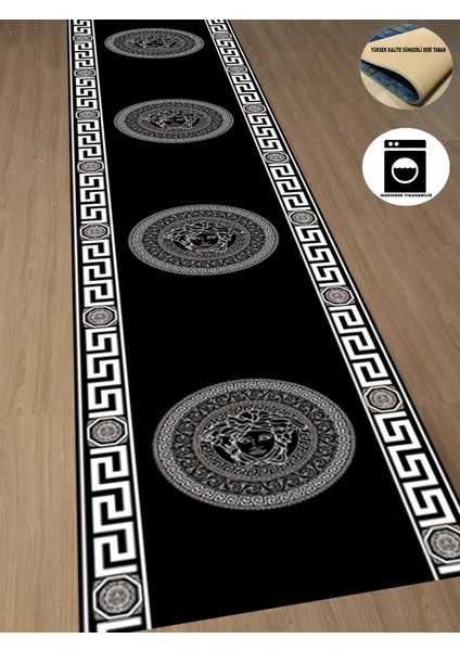 Medusa Motif Siyah Versace Halı-Yolluk Süngerli Yüzey-Deri Taban