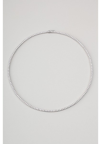 Beyaz Taşlı 18 Ayar Beyaz Altın Kaplama 50 cm Gümüş Su Yolu Gerdanlık