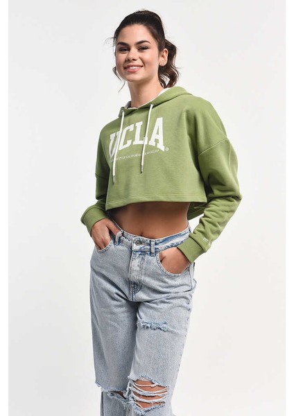 Sausa Yeşil Kapüşonlu Baskılı Kadın Sweatshirt