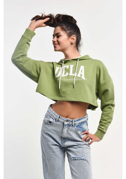 Sausa Yeşil Kapüşonlu Baskılı Kadın Sweatshirt