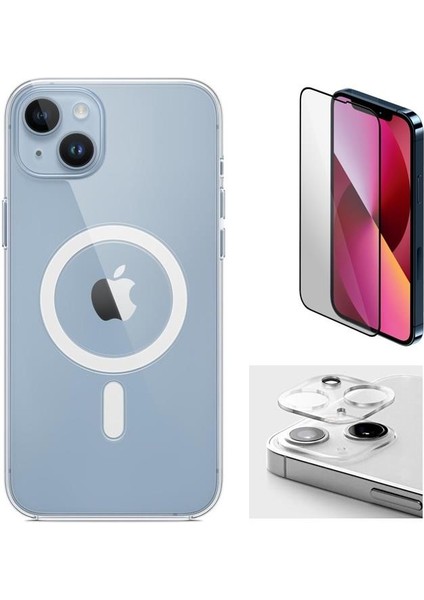 iPhone 13 Uyumlu ( iPhone 13 ) Magsafe Şarj Destekli Darbe Dirençli Fit Hard Silikon Kılıf + Kamera Lens + Cam Ekran Koruyucu