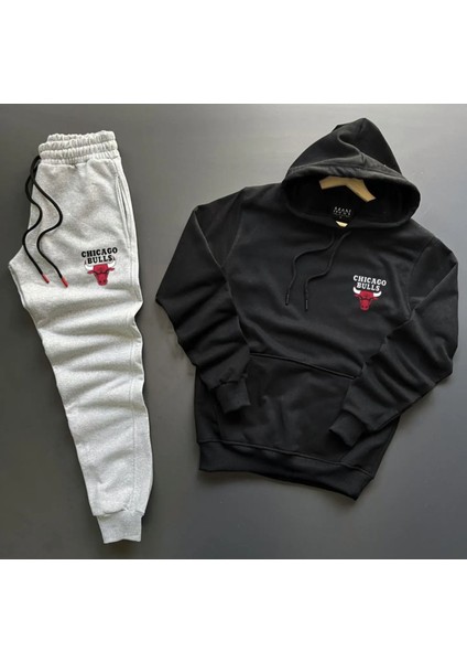Kapüşonlu Chıcago Bulls Baskılı Tam Kışlık Oversize Erkek Eşofman Takımı