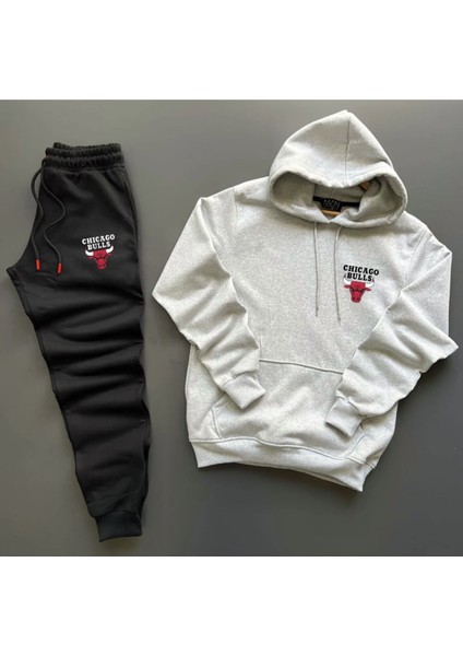 Kapüşonlu Chıcago Baskılı Tam Kışlık Oversize Erkek Eşofman Takımı