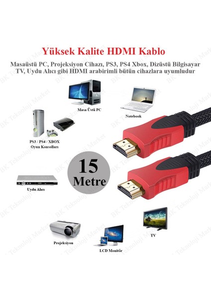 BK Teknoloji Yüksek Kalite Full Hd 3D Örgülü HDMI Kablo - 15 Metre