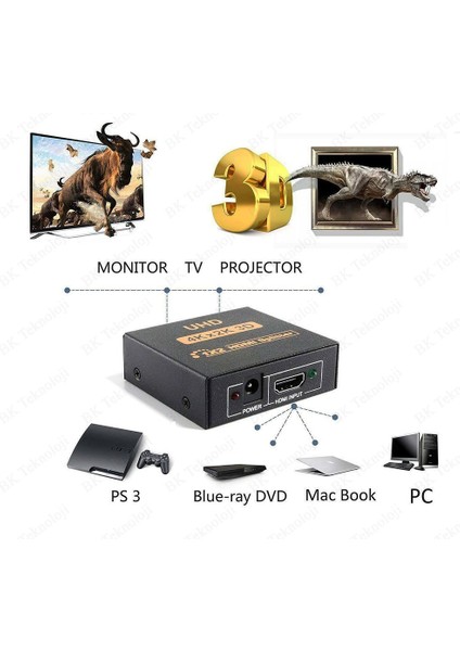 HDMI Çoklayıcı 1 Giriş 2 Çıkış UHD 4KX2K 3D HDMI Splitter