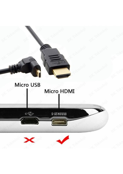 BK Teknoloji Micro HDMI To HDMI 90 Derece Açılı Mikro HDMI Tablet Kamera Kablosu 1metre