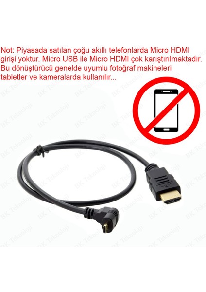 BK Teknoloji Micro HDMI To HDMI 90 Derece Açılı Mikro HDMI Tablet Kamera Kablosu 1metre