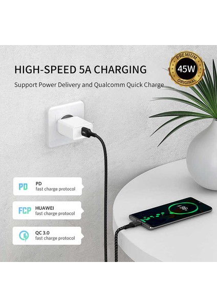 F12 Phaeton Type-C USB Kablo 5A 45W Hızlı Şarj Kablosu 120 cm Data Kablo Naylon Örgü