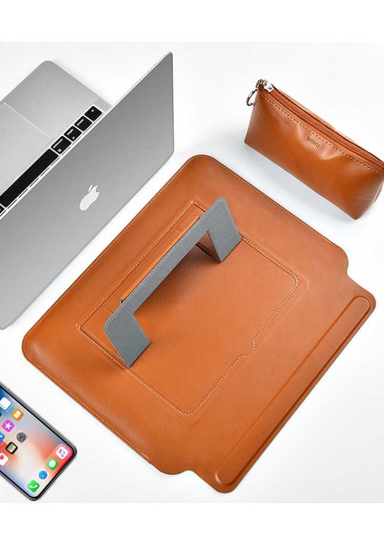 Skin Pro MacBook Pro 14 2021 A2442 Uyumlu Çanta & Stand & Kılıf Pu Deri Mıknatıslı Kapak