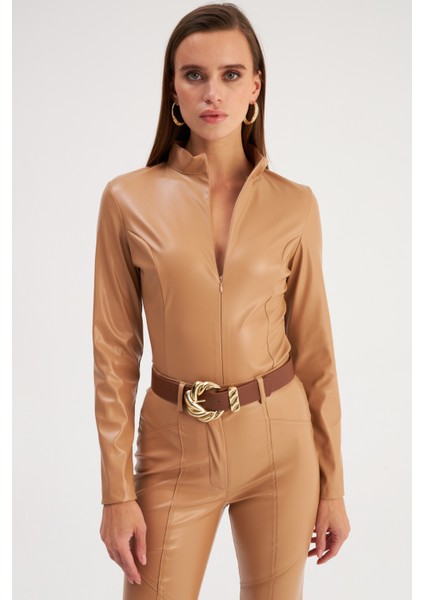 Fermuarlı Deri Bodysuit - Camel