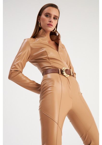 Fermuarlı Deri Bodysuit - Camel fiyatları