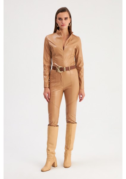 Fermuarlı Deri Bodysuit - Camel modelleri