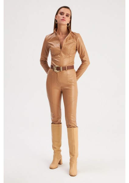 Fermuarlı Deri Bodysuit - Camel fırsatları