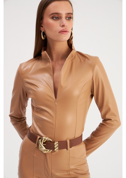 Fermuarlı Deri Bodysuit - Camel indirimleri