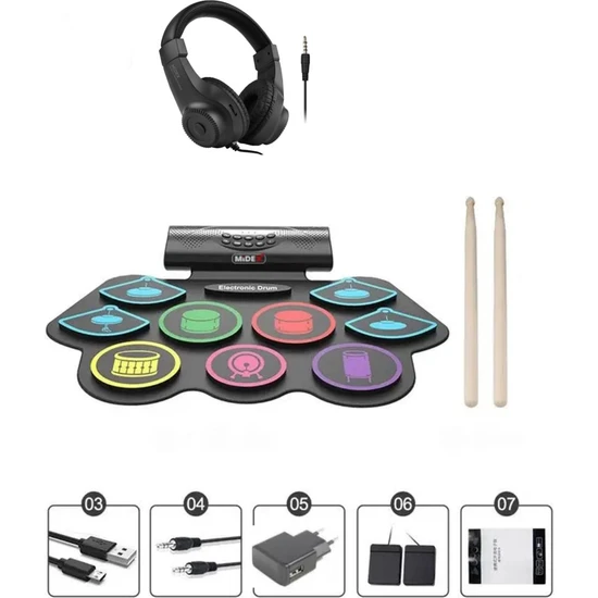 Midex Ddx-75 Şarjlı Dijital Davul 9 ped 2 Ayak Pedalı Bluetooth (Kulaklık Çubuklar Adaptör Full Set)
