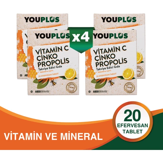 Youplus Vitamin C, Çinko & Propolis 20 Efervesan Tablet 4 Adet - Abdi İbrahim
