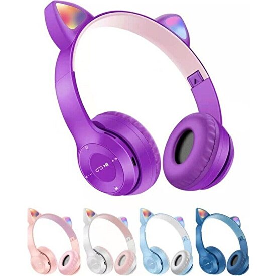 teknosepetim P47M Kedili Katlanabilir Kulak Üstü Kablosuz Bluetooth 5.0 Kulaklık Ledli Çocuk Kulaklık P47M Mor