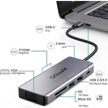 Qgeem QG-UH09 9 In 1 Çok Fonksiyonlu USB Çoğaltıcı Hub Vga-Hdmı-3.5mm-Sd Kart