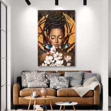 SML Tablo Beyaz Çiçekler ve Kuşlarla Egzotik Saçlı Kadın Kanvas Tablo