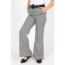 Kız Çocuk İspanyol Paça Yüksek Bel Kemerli Kazayağı Desenli Kumaş Pantolon-PNT-0021