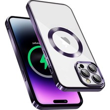 MTK Moveteck Apple iPhone 14 Pro Uyumlu Kılıf Kamera Lens Korumalı Renkli Magsafe Wireless Özellikli Arkası Şeffaf Kenarları Parlak Mor Gold Siyah Magnetic Charge Derin Mor Kılıf Case