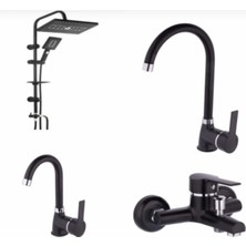 Pazariz Lavabo Banyo Mutfak Bataryası ve Robot Duş Siyah Banyo Seti