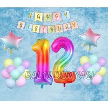Bal10 Dünyası Gökkuşağı Yıldız Folyo Balon Seti 12 Yaş