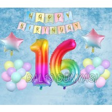 Bal10 Dünyası Gökkuşağı Yıldız Folyo Balon Seti 16 Yaş