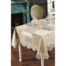Evlen Home Collection Kadife Lüks Masa Örtüsü Seti Dantelli Güpürlü 25 Parça Date Cappuccino