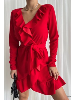 Deafox Kırmızı Önü Fırfırlı ve Volanlı Kuşaklı Elbise