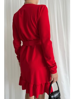 Deafox Kırmızı Önü Fırfırlı ve Volanlı Kuşaklı Elbise