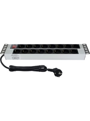 19" 2u 16'lı Schuko Anahtarlı Alüminyum Rack Kabin Grup Prizi Pdu