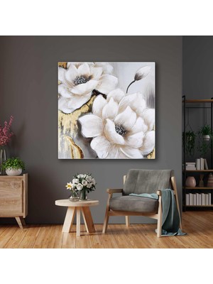 SML Tablo Gold Detaylı Büyük Beyaz Çiçekler Kanvas Tablo
