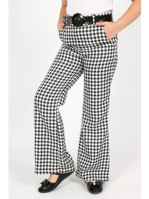 Kız Çocuk İspanyol Paça Yüksek Bel Kemerli Kazayağı Desenli Kumaş Pantolon-PNT-0021