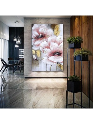 SML Tablo Gold Detaylı Pembe Büyük Çiçekler Kanvas Tablo