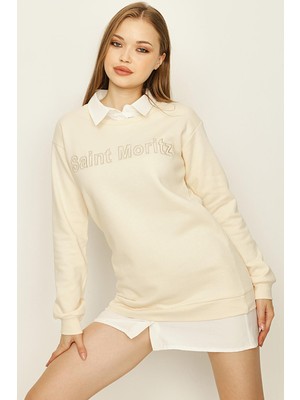 Select Moda Kadın Gömlek Yaka Yazı Detaylı Sweat Elbise