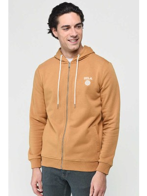 HILGARD Kahve Kapüşonlu Ve Fermuarlı Baskılı Standard Fit Erkek Sweatshirt