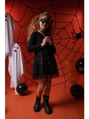 DeFacto Kız Çocuk Halloween Temalı Tüllü Uzun Kollu Elbise Taç Takımı Y9106A622WN