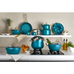 Oms Paslanmaz 3519 Granit 16 Parça Çeyiz Tencere Seti -Mentol Yeşili