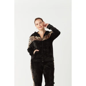 Moda Berray 1927 Leopar Detaylı Siyah Tam Kalıp Tarz Kapşonlu Kadife Büyük Beden Eşofman Takımı