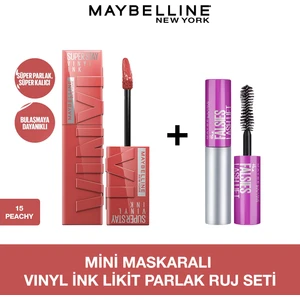 Maybelline Mini Falsies Lash Lift Maskara + Vinyl Ink Uzun Süre Kalıcı Likit Parlak Ruj Seti - 15 Peachy