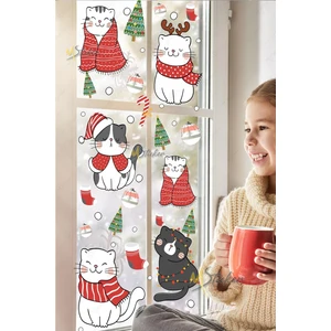 Yılbaşı Sevimli Kedileri Yeni Yıl Kedileri Cam Kapı Duvar Sticker Seti, Yılbaşı Süsü